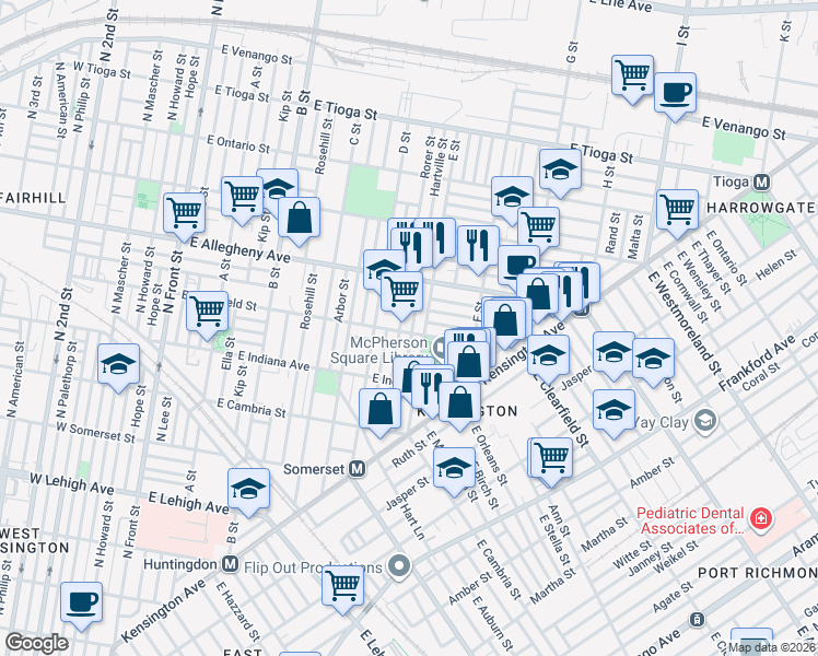 map of restaurants, bars, coffee shops, grocery stores, and more near 3111 Hartville Street in Philadelphia