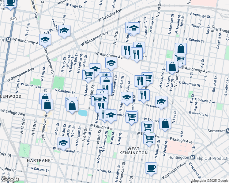 map of restaurants, bars, coffee shops, grocery stores, and more near 2941 North Lawrence Street in Philadelphia