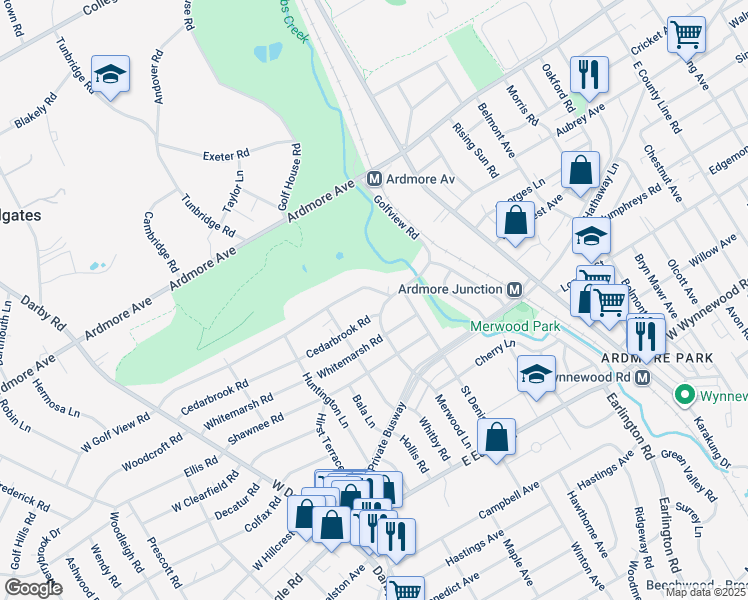 map of restaurants, bars, coffee shops, grocery stores, and more near 231 Golfview Road in Ardmore