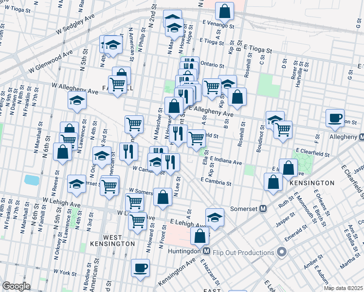 map of restaurants, bars, coffee shops, grocery stores, and more near 3020 North Lee Street in Philadelphia