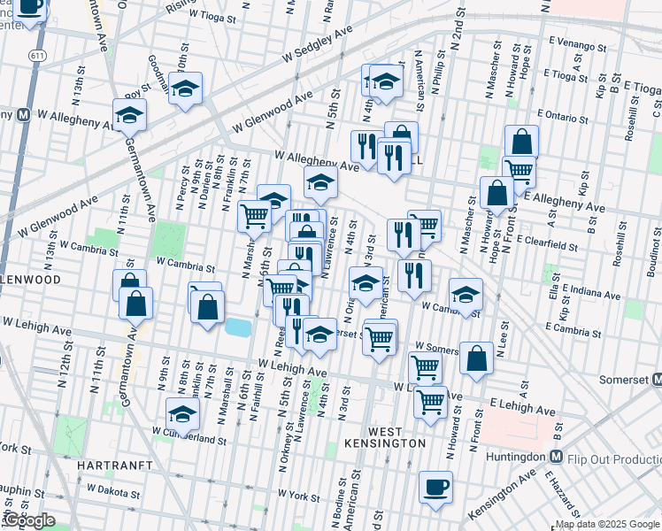 map of restaurants, bars, coffee shops, grocery stores, and more near 2941 North Lawrence Street in Philadelphia