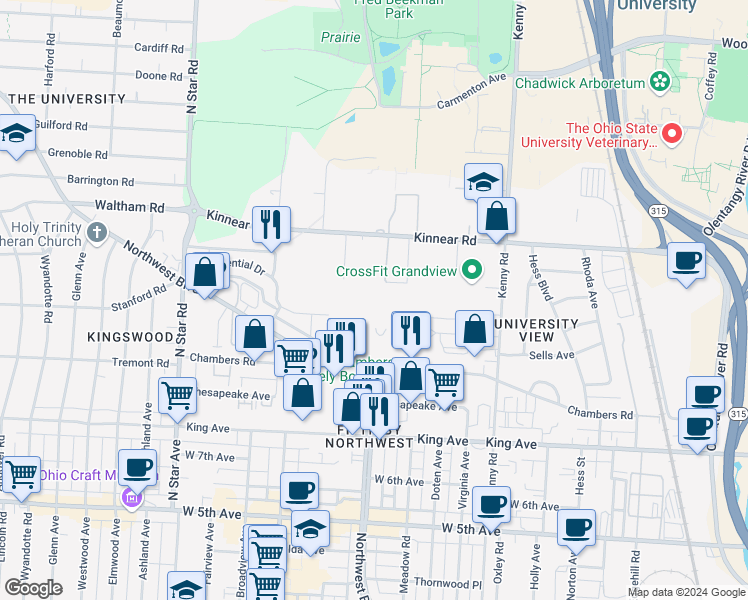 map of restaurants, bars, coffee shops, grocery stores, and more near 1275 Steelwood Road in Columbus