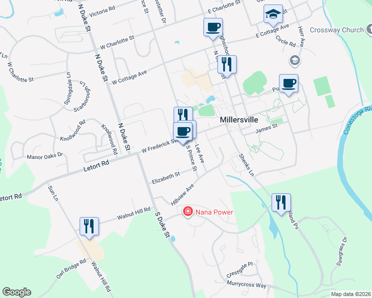 map of restaurants, bars, coffee shops, grocery stores, and more near 22 South Prince Street in Millersville