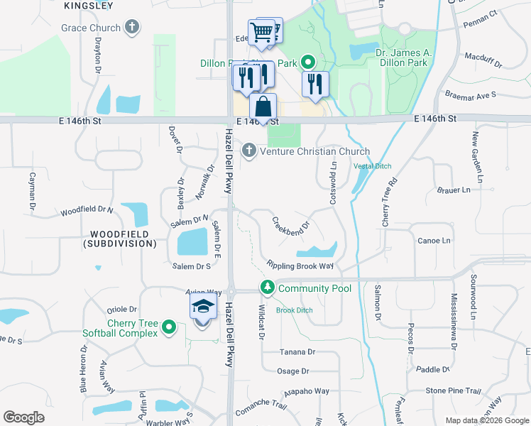 map of restaurants, bars, coffee shops, grocery stores, and more near 5323 Creekbend Drive in Carmel