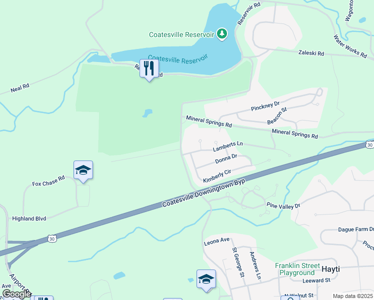 map of restaurants, bars, coffee shops, grocery stores, and more near 13 Lamberts Lane in Coatesville