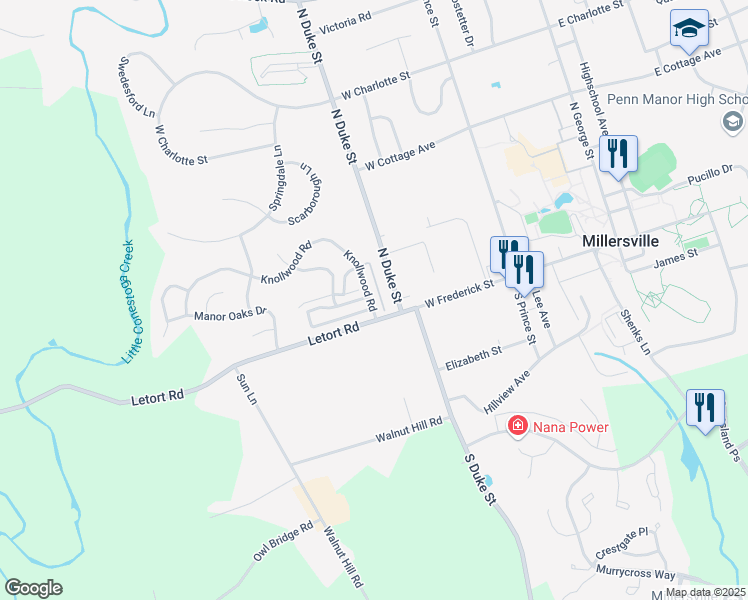 map of restaurants, bars, coffee shops, grocery stores, and more near 404 Knollwood Road in Millersville