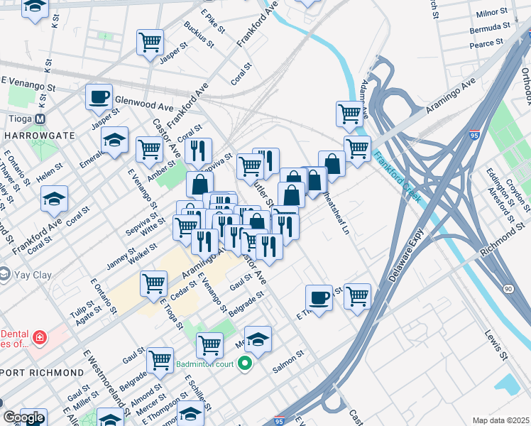 map of restaurants, bars, coffee shops, grocery stores, and more near 2300 East Butler Street in Philadelphia