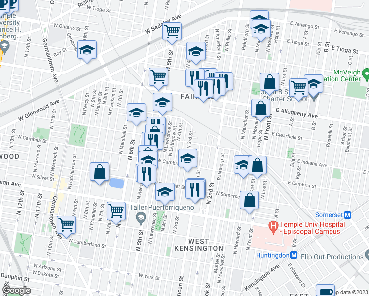 map of restaurants, bars, coffee shops, grocery stores, and more near 2953 North Orianna Street in Philadelphia