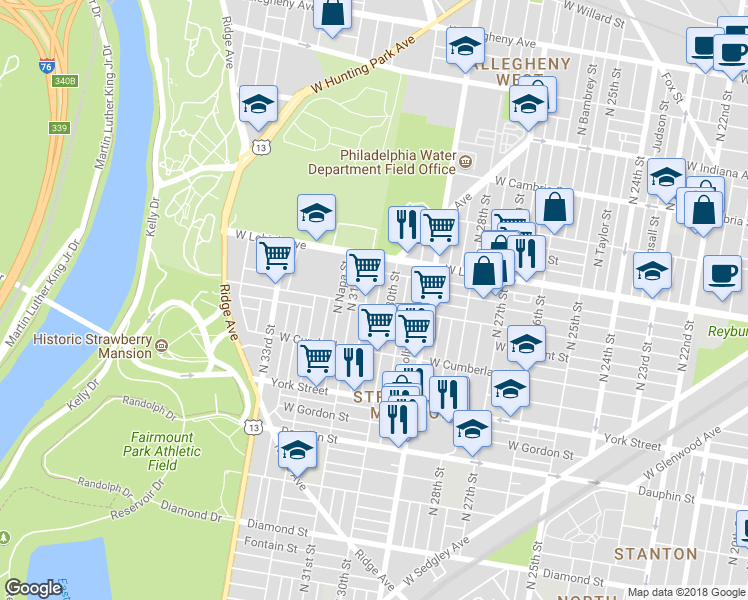 map of restaurants, bars, coffee shops, grocery stores, and more near 2604 North Corlies Street in Philadelphia