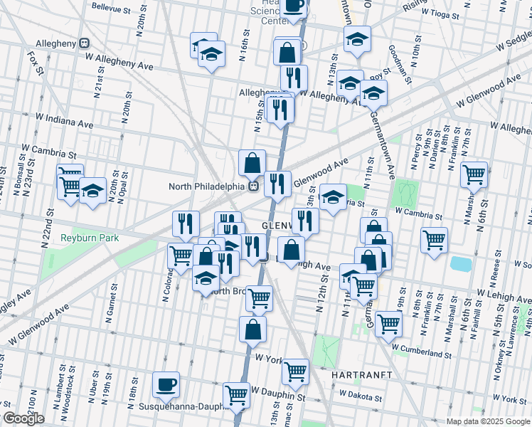 map of restaurants, bars, coffee shops, grocery stores, and more near 2812 North Broad Street in Philadelphia
