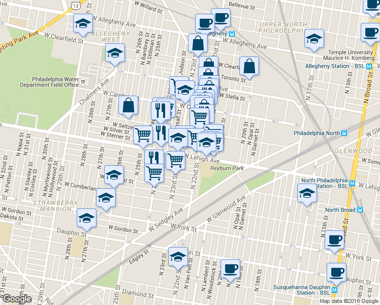 map of restaurants, bars, coffee shops, grocery stores, and more near 2217 West Lehigh Avenue in Philadelphia