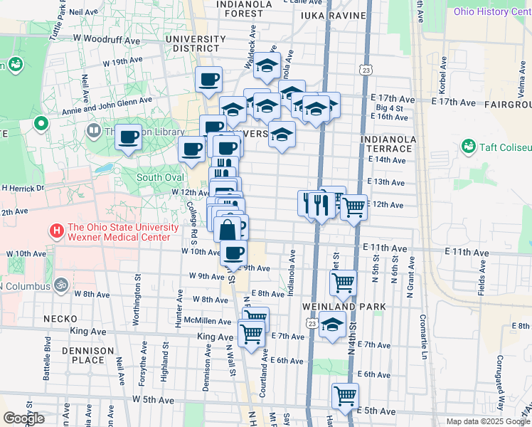 map of restaurants, bars, coffee shops, grocery stores, and more near 92 Chittenden Avenue in Columbus