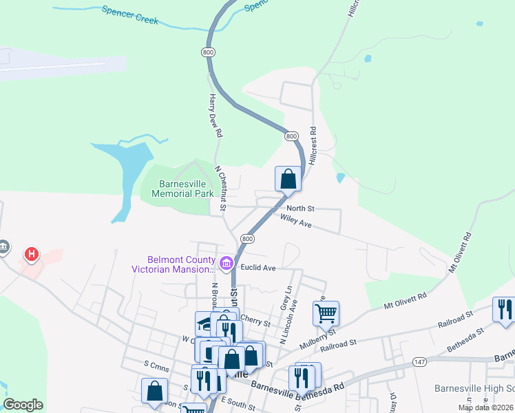 map of restaurants, bars, coffee shops, grocery stores, and more near 210 North Street in Barnesville