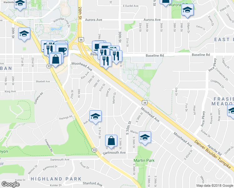 map of restaurants, bars, coffee shops, grocery stores, and more near 380 Martin Drive in Boulder