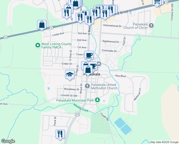 map of restaurants, bars, coffee shops, grocery stores, and more near 342 South Main Street in Pataskala