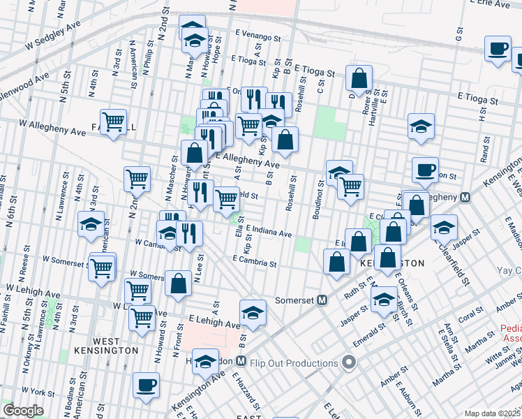 map of restaurants, bars, coffee shops, grocery stores, and more near 3032 B St in Philadelphia