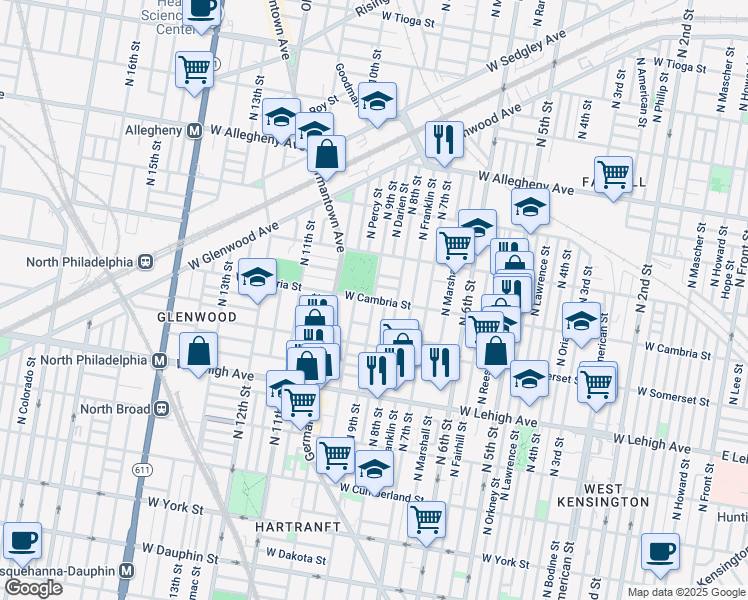 map of restaurants, bars, coffee shops, grocery stores, and more near N 9th St & W Cambria St in Philadelphia