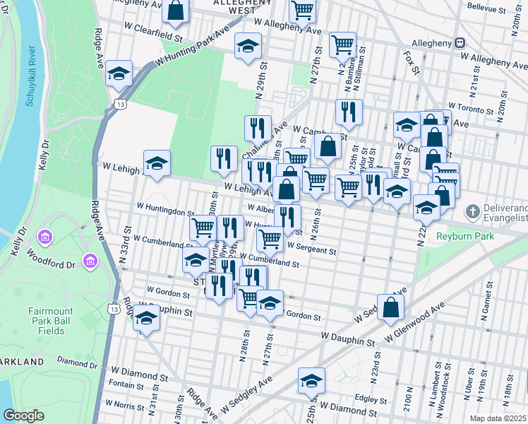 map of restaurants, bars, coffee shops, grocery stores, and more near 2624 North 28th Street in Philadelphia