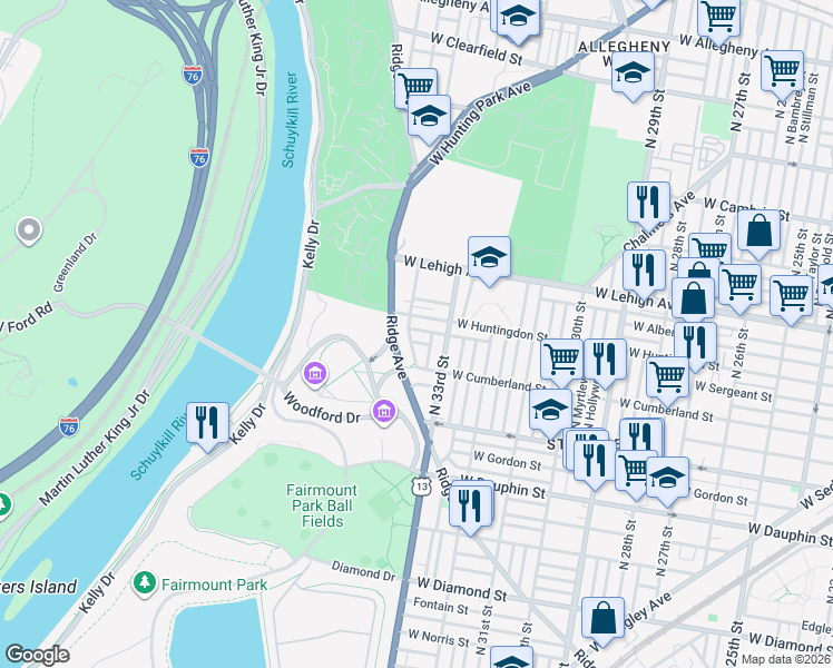 map of restaurants, bars, coffee shops, grocery stores, and more near 3313 West Sergeant Street in Philadelphia