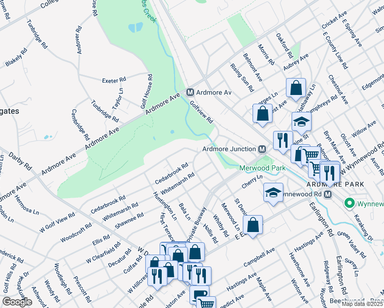 map of restaurants, bars, coffee shops, grocery stores, and more near 231 Golfview Road in Ardmore