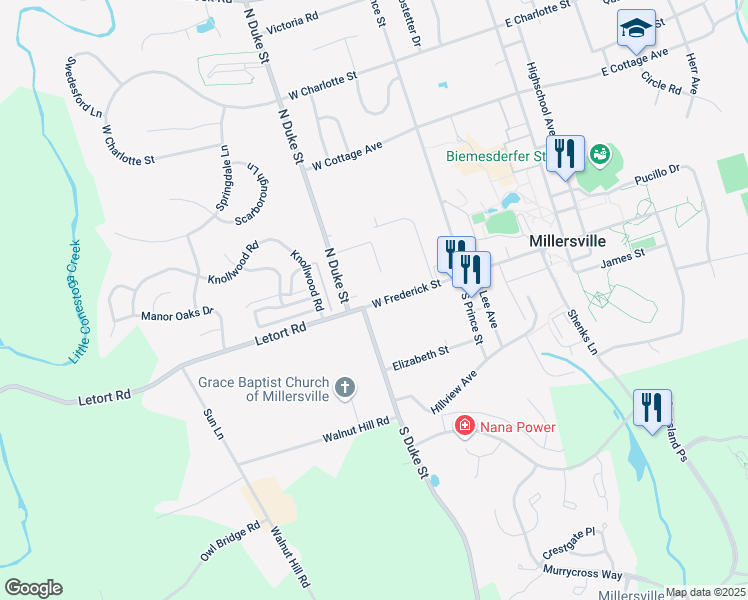 map of restaurants, bars, coffee shops, grocery stores, and more near 173 West Frederick Street in Millersville