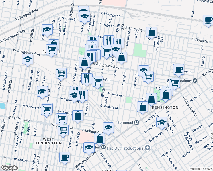 map of restaurants, bars, coffee shops, grocery stores, and more near 231 East Stella Street in Philadelphia