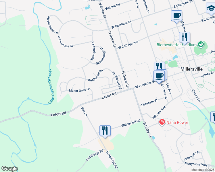 map of restaurants, bars, coffee shops, grocery stores, and more near 199 Cartledge Lane in Millersville