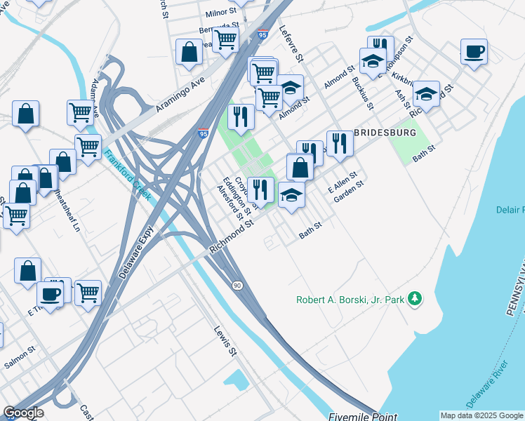 map of restaurants, bars, coffee shops, grocery stores, and more near 4258 Richmond Street in Philadelphia