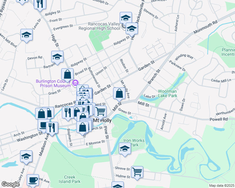 map of restaurants, bars, coffee shops, grocery stores, and more near 27 Cherry Street in Mount Holly