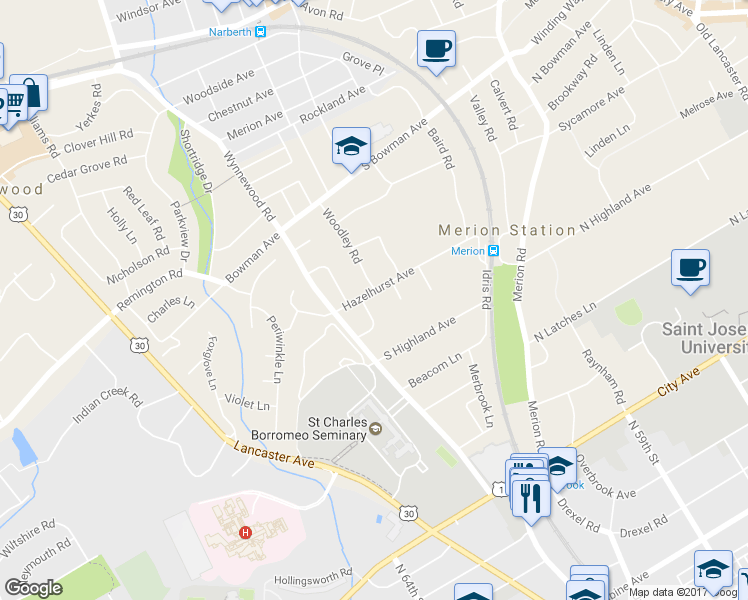 map of restaurants, bars, coffee shops, grocery stores, and more near 706 Hazelhurst Avenue in Merion Station