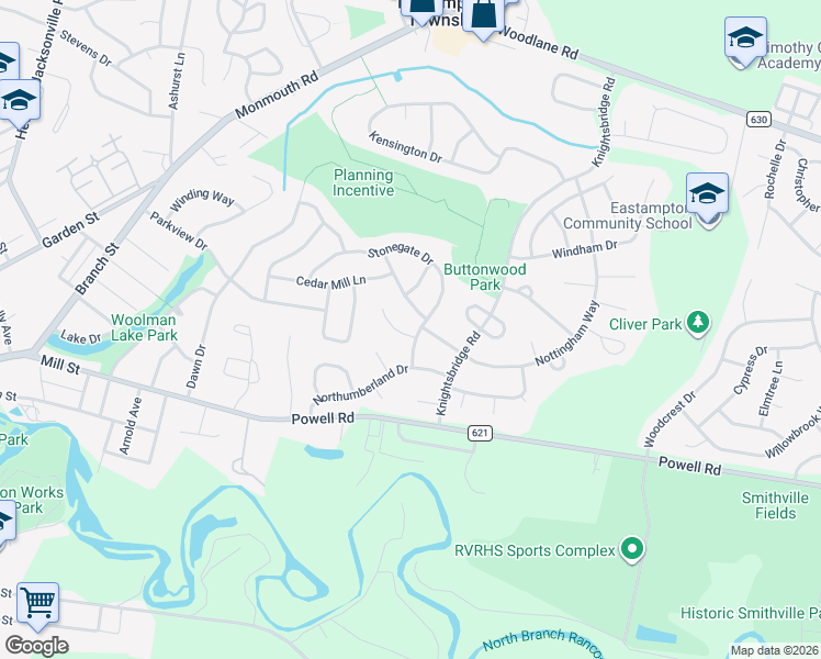 map of restaurants, bars, coffee shops, grocery stores, and more near 2 Cambridge Court in Mount Holly