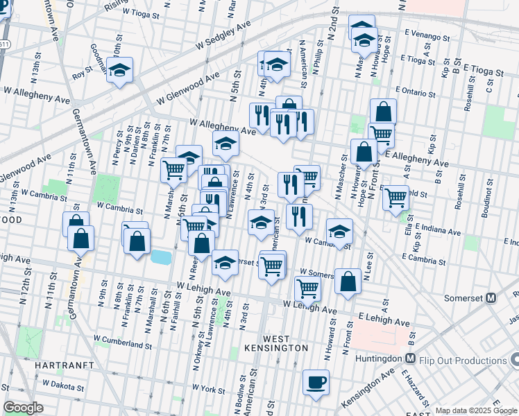 map of restaurants, bars, coffee shops, grocery stores, and more near 2954 North 3rd Street in Philadelphia