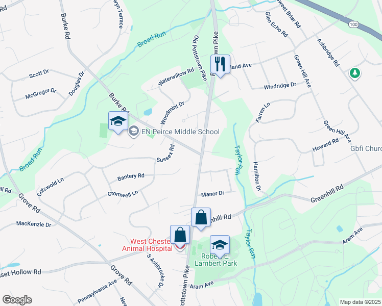 map of restaurants, bars, coffee shops, grocery stores, and more near 1304 Burke Road in West Chester