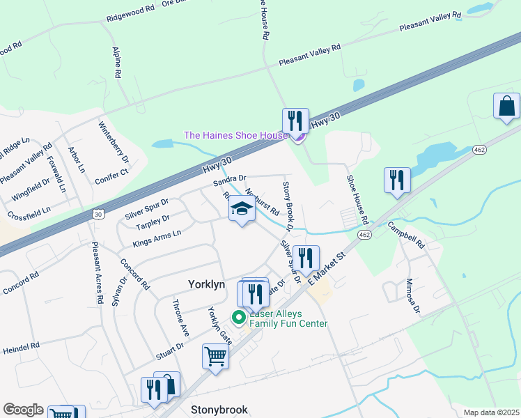 map of restaurants, bars, coffee shops, grocery stores, and more near 340 Norhurst Road in York
