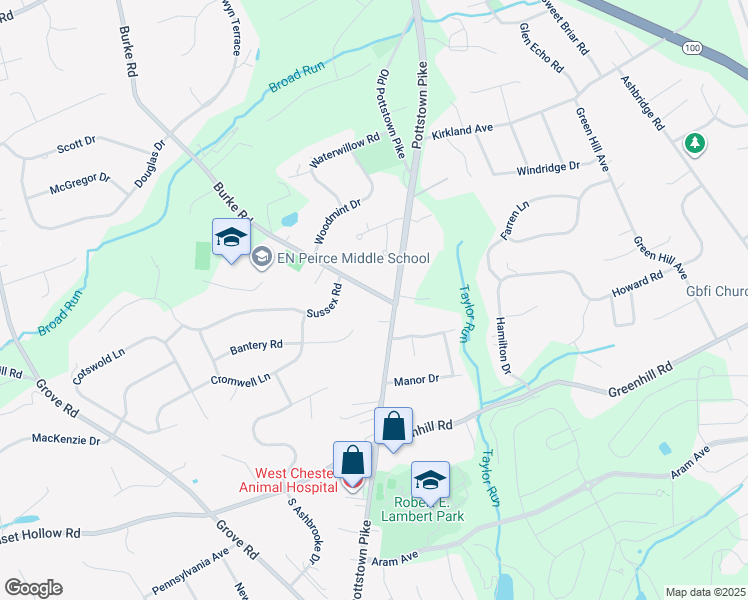 map of restaurants, bars, coffee shops, grocery stores, and more near 1304 Burke Road in West Chester