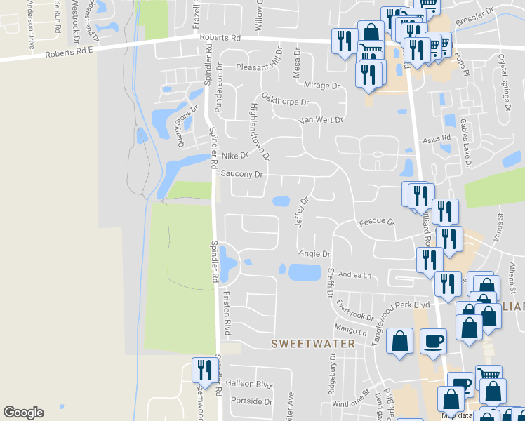 map of restaurants, bars, coffee shops, grocery stores, and more near 5790 Coldcreek Drive in Hilliard
