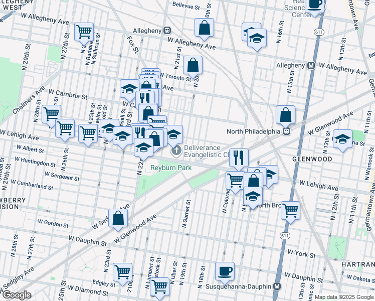 map of restaurants, bars, coffee shops, grocery stores, and more near 2733 North 20th Street in Philadelphia
