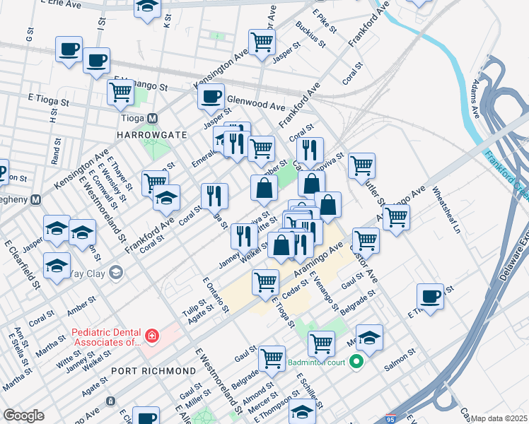 map of restaurants, bars, coffee shops, grocery stores, and more near 2200 East Venango Street in Philadelphia