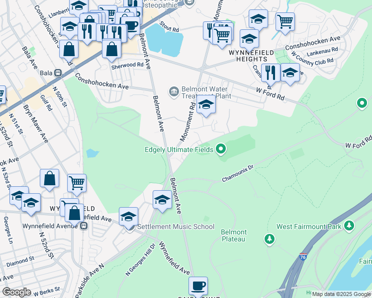 map of restaurants, bars, coffee shops, grocery stores, and more near 4360 Monument Road in Philadelphia