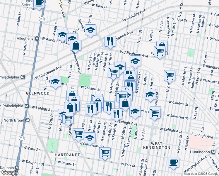 map of restaurants, bars, coffee shops, grocery stores, and more near 2914 North Marshall Street in Philadelphia