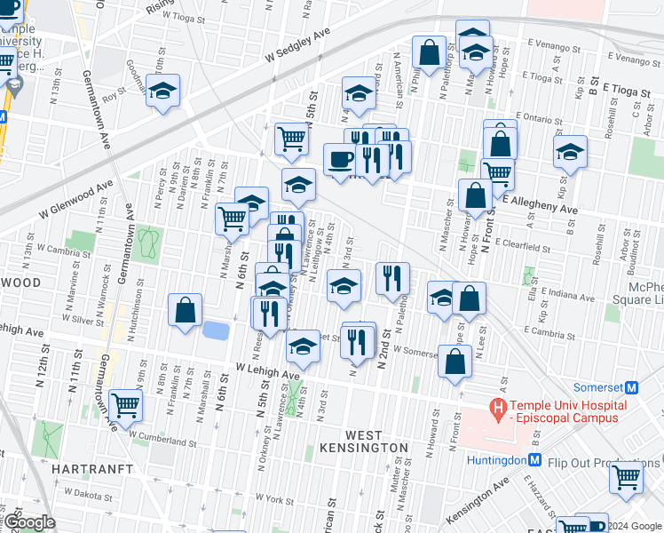 map of restaurants, bars, coffee shops, grocery stores, and more near 2952 North Orianna Street in Philadelphia