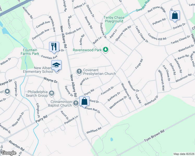map of restaurants, bars, coffee shops, grocery stores, and more near 2697 Raven Road in Cinnaminson