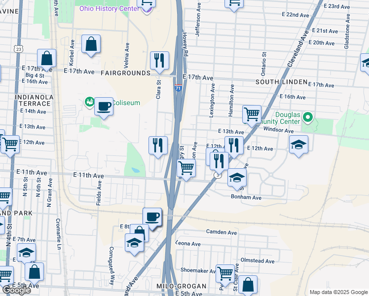 map of restaurants, bars, coffee shops, grocery stores, and more near 845 East 12th Avenue in Columbus