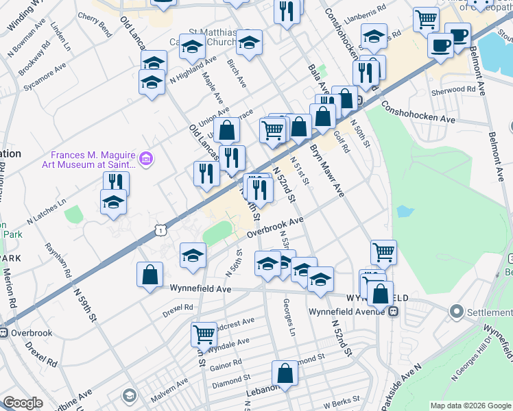 map of restaurants, bars, coffee shops, grocery stores, and more near 2481 North 54th Street in Philadelphia