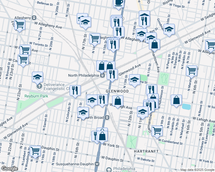 map of restaurants, bars, coffee shops, grocery stores, and more near 2812 N Broad St in Philadelphia