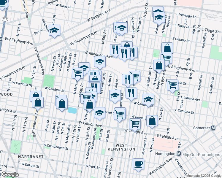 map of restaurants, bars, coffee shops, grocery stores, and more near 2952 North Orianna Street in Philadelphia