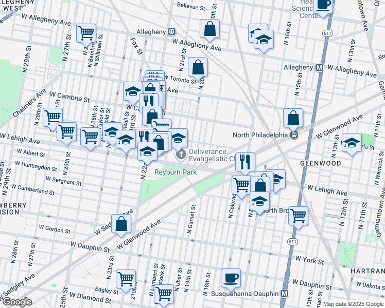 map of restaurants, bars, coffee shops, grocery stores, and more near 2733 North 20th Street in Philadelphia