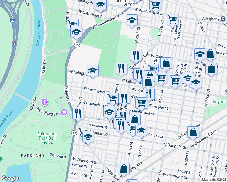 map of restaurants, bars, coffee shops, grocery stores, and more near 2609 North Corlies Street in Philadelphia