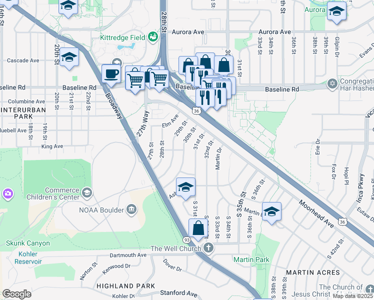 map of restaurants, bars, coffee shops, grocery stores, and more near 290 30th Street in Boulder