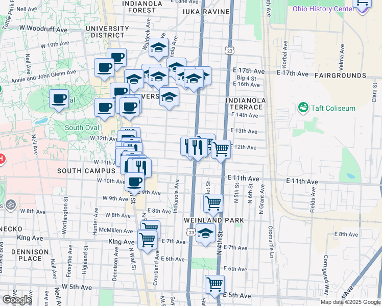 map of restaurants, bars, coffee shops, grocery stores, and more near 166 Chittenden Avenue in Columbus